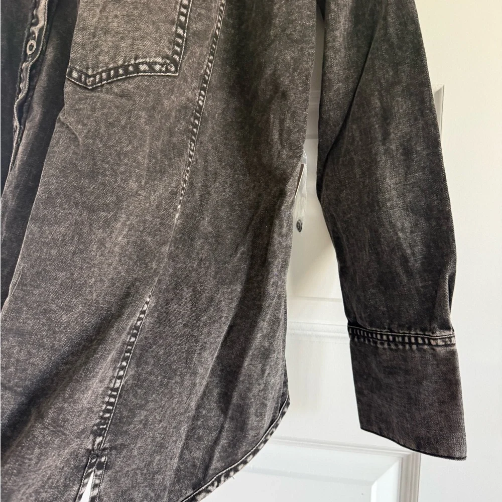 Free People Washed Black Denim Button-Up Top | Boho Oversized Denim Shirt